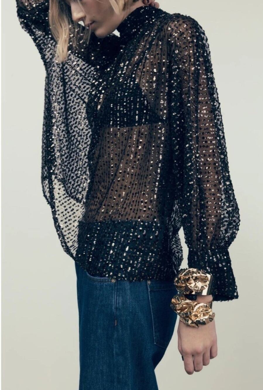 Zara Black Sequin Sheer Blouse Tied Collar Mock Neck Party Top Small S EUC